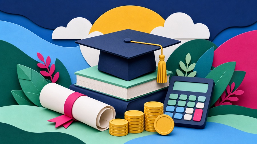 Illustrated graduation cap, diploma, calculator, and loan payments
