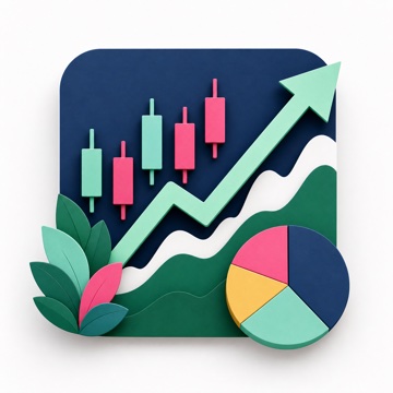 Illustrated investment dashboard and rising market chart